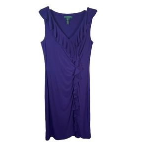Lauren Ralph Lauren Dress Size 8 Purple Ruffle Ruched Midi Sleeveless V-Neck